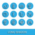 Set line Compass, Rafting boat, Mountains with tree, Wind rose, Picnic table benches, Marshmallow on stick, Paddle and