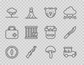 Set line Compass, Safari car, Tiger head, Hunting gun, African tree, Animal cage, Mushroom and Machete icon. Vector