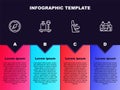 Set line Compass, Scale with suitcase, Airplane seat and Aircraft steering helm. Business infographic template. Vector