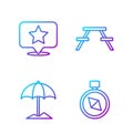 Set line Compass, Sun protective umbrella for beach, Map pointer with star and Picnic table with benches. Gradient color Royalty Free Stock Photo