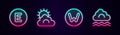 Set line Compass west, Sun and cloud weather, north and Fog. Glowing neon icon. Vector