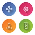 Set line Compass, Wind rose, Location with person and mobile. Color circle button. Vector