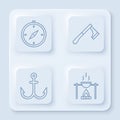 Set line Compass, Wooden axe, Anchor and Campfire and pot. White square button. Vector