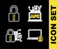 Set line Computer api interface, Laptop and lock, Cyber security and Open padlock icon. Vector Royalty Free Stock Photo