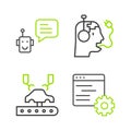 Set line Computer api interface, Robotic robot arm on factory, charging battery and Bot icon. Vector Royalty Free Stock Photo