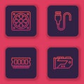 Set line Computer cooler, RAM, random access memory, USB cable cord and Video graphic card. Blue square button. Vector Royalty Free Stock Photo