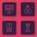 Set line Computer with growth graph, Mobile stock trading, Money bag and Old hourglass. Blue square button. Vector