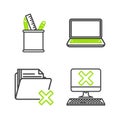 Set line Computer with keyboard and x mark, Delete folder, Laptop and Pencil case stationery icon. Vector Royalty Free Stock Photo