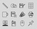 Set line Computer with keyboard and x mark, Push pin, Blank notebook pen, File document binder clip, Ruler, Delete file Royalty Free Stock Photo