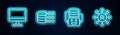 Set line Computer monitor, Binary code, Artificial intelligence robot and Neural network. Glowing neon icon. Vector Royalty Free Stock Photo