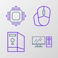 Set line Computer monitor, Case of computer, mouse and Processor with CPU icon. Vector Royalty Free Stock Photo