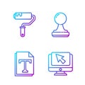 Set line Computer monitor and cursor, Text file document, Paint roller brush and Stamp. Gradient color icons. Vector