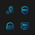 Set line Computer monitor and FAQ, Headphones, Settings in the hand and Shield with text. Gradient color icons. Vector