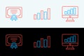 Set line Computer monitor with graph chart, Certificate template and Graph, schedule, diagram icon. Vector Royalty Free Stock Photo