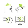 Set line Computer monitor with graph chart, Pie infographic, Money hand and Wallet stacks paper money cash icon. Vector