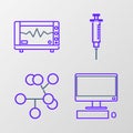 Set line Computer monitor with keyboard and mouse, Molecule, Syringe and cardiogram icon. Vector