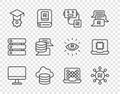 Set line Computer monitor, Neural network, Artificial intelligence robot, Cloud database, Graduation cap, Server, Data Royalty Free Stock Photo