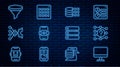 Set line Computer monitor, Neural network, Binary code, Artificial intelligence AI, Funnel filter, Server, Data and icon Royalty Free Stock Photo