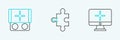 Set line Computer monitor, Portable video game console and Piece of puzzle icon. Vector