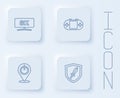 Set line Computer monitor, Portable video game console, Power button and Sword for. White square button. Vector Royalty Free Stock Photo