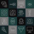 Set line Computer monitor, Processor CPU, Algorithm, Neural network, api interface, Artificial intelligence robot and Royalty Free Stock Photo