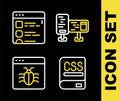 Set line Computer monitor screen, Books about programming, System bug and Browser files icon. Vector Royalty Free Stock Photo