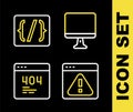 Set line Computer monitor screen, Browser with exclamation mark, Page 404 error and Programming language syntax icon Royalty Free Stock Photo
