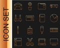 Set line Computer monitor screen, Digital alarm clock, Pie chart infographic, Document folder, Business card, Router and