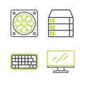 Set line Computer monitor screen, Keyboard, Server, Data, Web Hosting and cooler icon. Vector Royalty Free Stock Photo