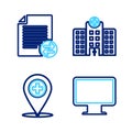 Set line Computer monitor screen, Medical location with cross, hospital building and Transfer files icon. Vector Royalty Free Stock Photo