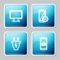 Set line Computer monitor screen, Setting smartphone, Electric plug and Smartphone with upload icon. Vector