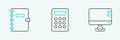 Set line Computer monitor screen, Spiral notebook and Calculator icon. Vector Royalty Free Stock Photo