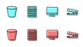 Set line Computer monitor screen, Trash can, Calculator and Office stapler icon. Vector
