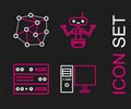 Set line Computer monitor, Server, Data, Web Hosting, Robot and Neural network icon. Vector Royalty Free Stock Photo