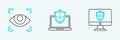 Set line Computer monitor and shield, Eye scan and Laptop protected with icon. Vector Royalty Free Stock Photo