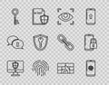 Set line Computer monitor and shield, Smartphone with fingerprint scanner, Eye, Fingerprint, Key, Shield key, Firewall