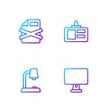 Set line Computer monitor, Table lamp, Delete file document and Identification badge. Gradient color icons. Vector Royalty Free Stock Photo