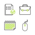 Set line Computer mouse, Calendar, Briefcase and Document and check mark icon. Vector