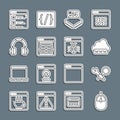 Set line Computer mouse, Debugging, Web development, Processor with microcircuits CPU, MySQL code, Headphones, Browser Royalty Free Stock Photo