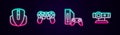 Set line Computer mouse, Game controller or joystick, console with and Web camera. Glowing neon icon. Vector Royalty Free Stock Photo