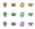 Set line Computer mouse, Game rating with medal, monitor and Web camera icon. Vector