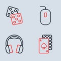 Set line Computer mouse, Headphones, Playing cards and Game dice icon. Vector Royalty Free Stock Photo