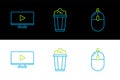 Set line Computer mouse, Online play video and Popcorn cardboard box icon. Vector Royalty Free Stock Photo