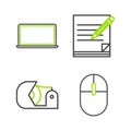 Set line Computer mouse, Scotch, Blank notebook and pencil with eraser and Laptop icon. Vector Royalty Free Stock Photo