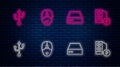 Set line Computer mouse, Server, Data, Web Hosting, USB and Case of computer. Glowing neon icon on brick wall. Vector Royalty Free Stock Photo