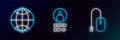 Set line Computer mouse, Social network and Create account screen icon. Glowing neon. Vector Royalty Free Stock Photo