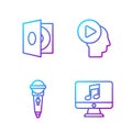 Set line Computer with music note, Microphone, Vinyl player with a vinyl disk and Head people with play button. Gradient