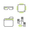 Set line Computer network, Document folder, Processor with microcircuits CPU and Smart glasses icon. Vector Royalty Free Stock Photo