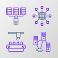 Set line Computer network, Factory conveyor system belt, Social and Server, Data, Web Hosting icon. Vector Royalty Free Stock Photo