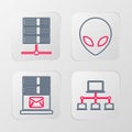 Set line Computer network, Mail server, Alien and Server, Data, Web Hosting icon. Vector Royalty Free Stock Photo